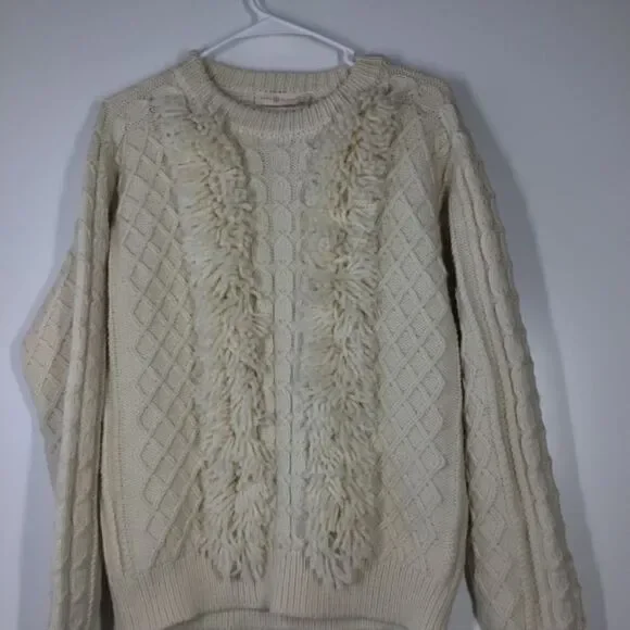 Tory Burch Cream Ivory Cable Knit Wool Fringe Pullover Sweater Women’s Size M - Picture 5 of 16